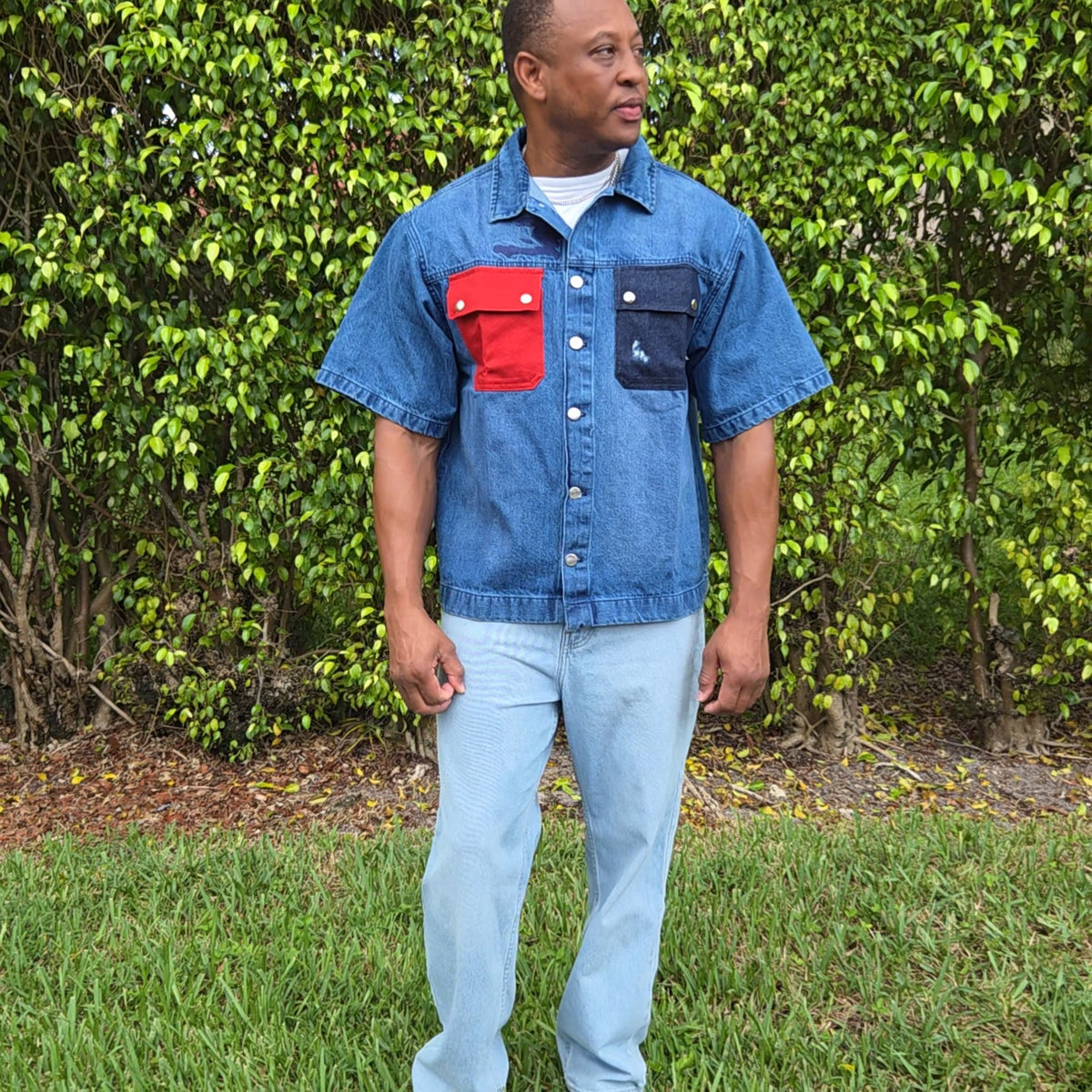 Caribbean Heritage Denim Shirt | Nou La Haitian Utility Contrast Pocket Button-Up